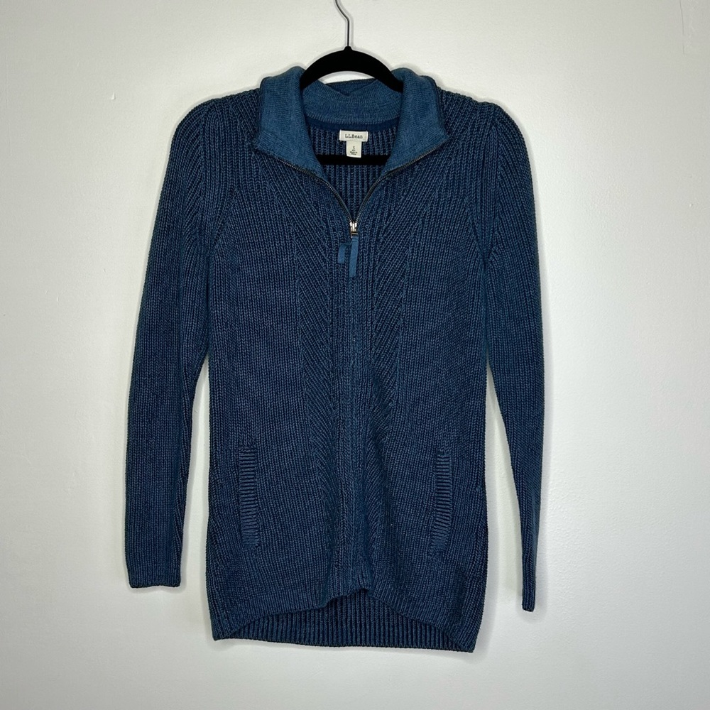 Vintage LL Bean women’s blue zip up collared ribbed sweater jacket size small